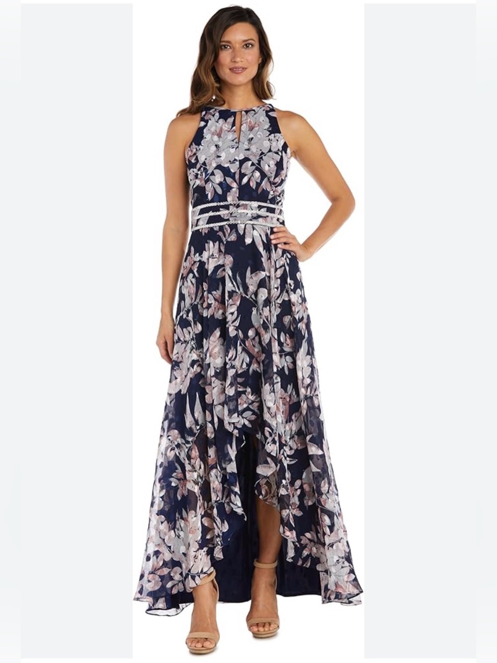 R&M Richards Navy Floral Halter High-Low Gown